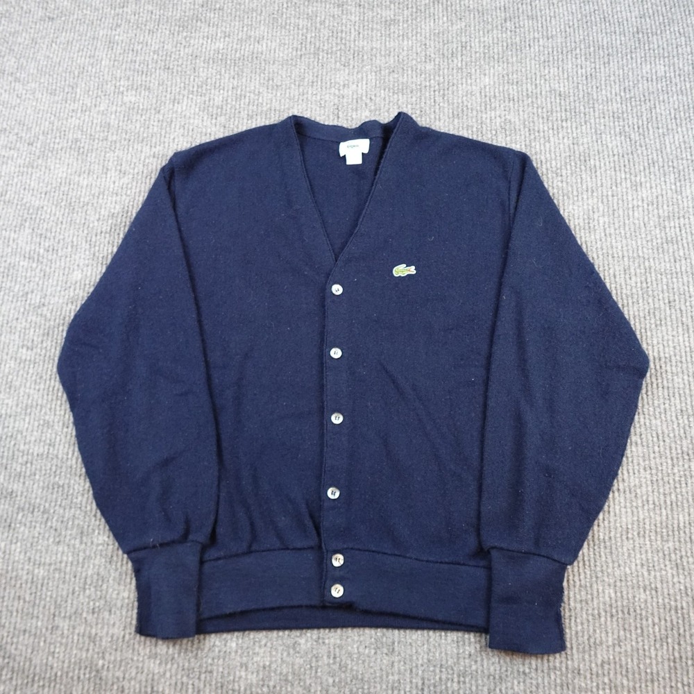 Vintage Izod Lacoste Mens Large Blue Acrylic Cardigan Sweater USA Logo RN 21008